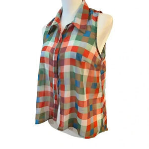 TRAMP buttonup sheer colorful checkerboard sleeveless shirt size m